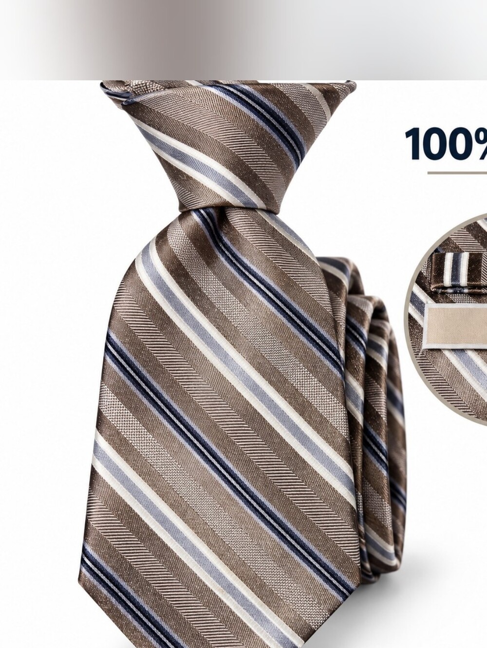 Michael Kors Taupe, Blue & White Striped Silk Tie